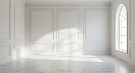 Fototapeta premium Elegant interior with marble floor, arched window and decorative wall panels