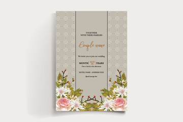 WEDDING INVITATION FRAME WITH FLOWER DECORATIONS AND FRESH LEAVES
