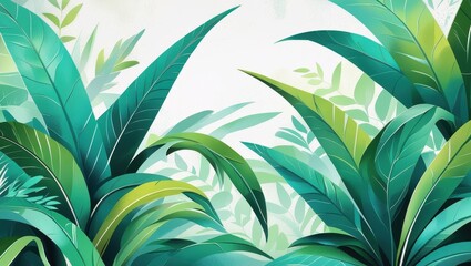 Lush Green Tropical Foliage Vibrant Teal and Emerald Leaves Nature Background Illustration