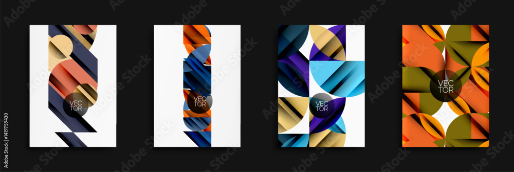 Poster Abstract geometric designs. Rectangles, triangles, circles overlap creating modern patterns. Bright colors dominate compositions.