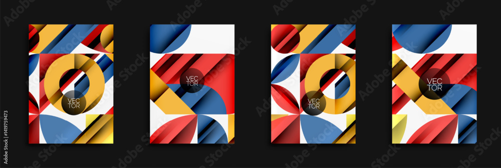 Fototapete Abstract geometric patterns. Bright colors, layered shapes create dynamic compositions. Modern vector designs for backgrounds or covers.