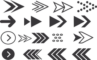 Black and white arrows, geometric shapes, directional symbols, minimalist design, simple line art, vector graphics, right-pointing arrows, various arrow styles, monochrome illustration, graphic design