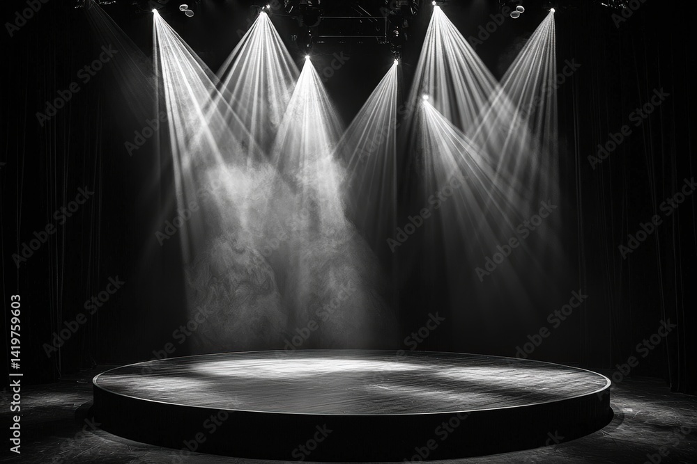 Poster a dimly lit stage with dramatic lighting and a circular platform, creating an atmosphere ready for a