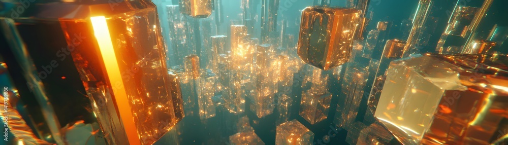 Aufkleber abstract cityscape of glowing rectangular structures.
