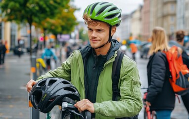 Obraz premium Urban Commuter in a Cityscape - Stylish Man on Bike in a Green Jacket
