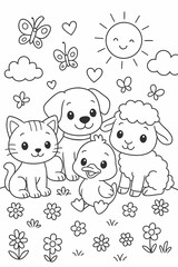 Fototapeta premium Cute Cartoon Animals in a Sunny Garden for Kids' Coloring Pages