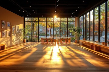 Fototapeta premium Bright sunlight floods a modern interior space with large windows and wooden furniture.