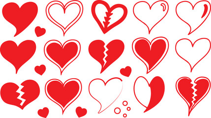 Hand-drawn hearts, red sketchy outlines, various heart shapes, doodle style, Valentine's Day designs, simple line art, love symbols, heart patterns, romantic illustration, white background, red ink, c