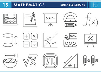 A set of line icons related to Mathematics. Math, calculate, abacus, dimensions, teach, percentage, function, and so on. Vector editable stroke.