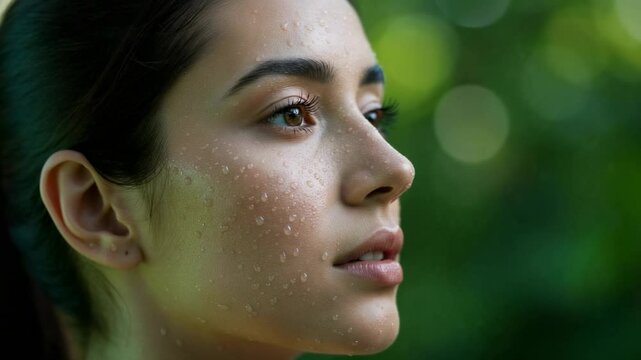 Young woman with droplets on her face gazing thoughtfully in a lush green outdoor setting - aquiline nose