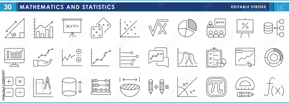 Poster a set of line icons related to mathematics and statistics. math, statistics, graph, calculate, curve
