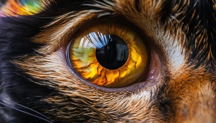 Close-Up of Cat Eye: Multicolored Iris Patterns Illuminated by Sunlight Against Dark Fur &ndash; Macro Wildlife Portrait