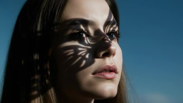 Portrait of a woman with intricate shadow patterns on her face against a clear blue sky - aquiline nose