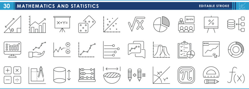 A set of line icons related to mathematics and statistics. Math, statistics, graph, calculate, curves, science, measurement, and so on. Vector editable stroke.