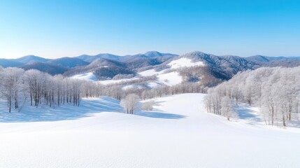 Winter wonderland landscape, frosted trees, snow-covered hills