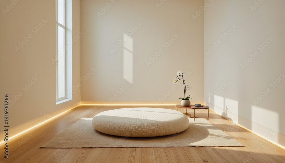 Poster modern interior design architecture photography: sunlight streams into a minimalist room featuring a