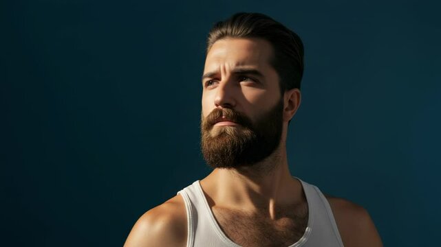 Thoughtful man with a beard gazing into the distance against a dark blue background, showcasing confidence - aquiline nose