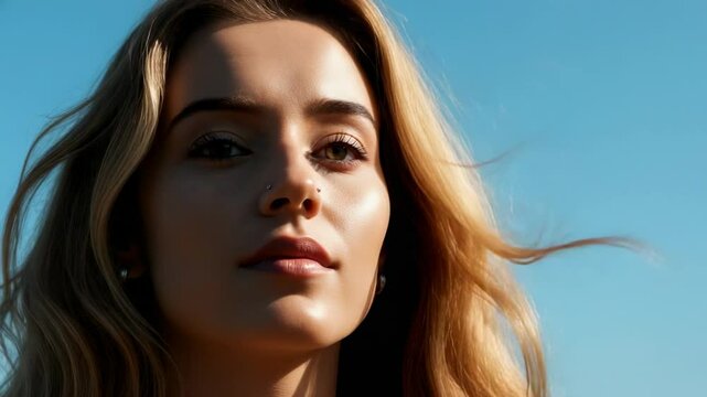 Young woman with flowing hair gazes thoughtfully against a clear blue sky, evoking a sense of calm - aquiline nose