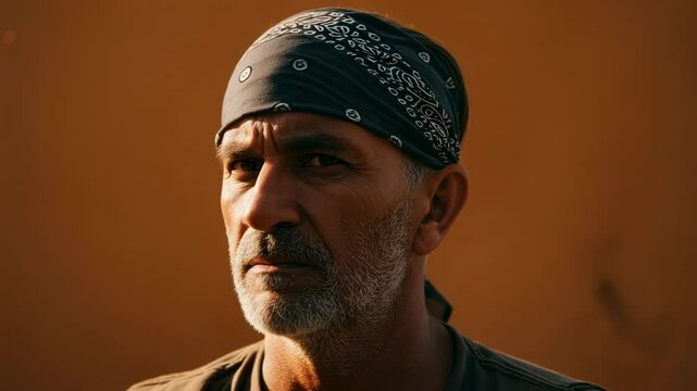 Man wearing a bandana gazes thoughtfully against a warm, orange backdrop, evoking reflection - aquiline nose