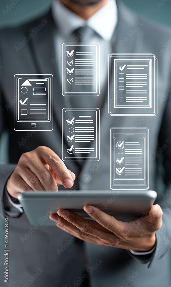 Poster professional man using tablet to manage tasks and checklists