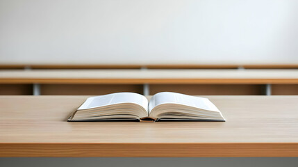 Naklejka premium Open Bible On Wooden Table In Empty Classroom