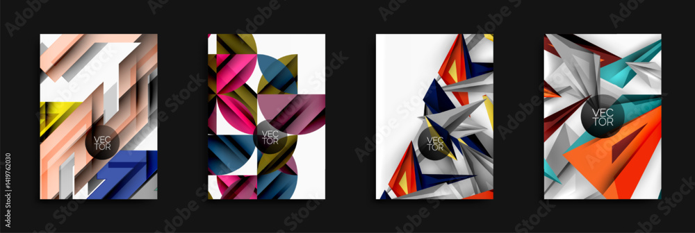 Poster Abstract geometric designs dominate. Bright colors, sharp angles, overlapping shapes create modern visuals. Vector graphics suggest design templates.