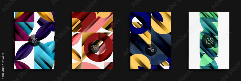 Aufkleber abstract geometric designs. vibrant colors, layered shapes create modern visuals. vector graphics su