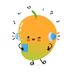 Animated Mango character enjoying music with headphones, smartphone, and musical notes in the air.