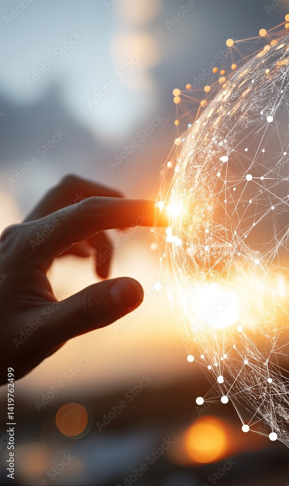 Poster connecting to a digital globe during sunset in a tranquil setting