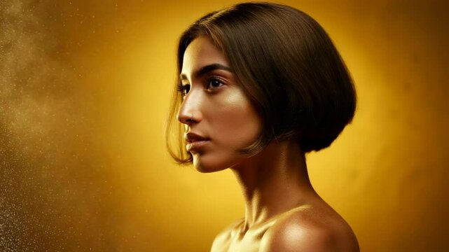 Portrait of a woman with a golden background, showcasing elegance and beauty in a serene atmosphere - aquiline nose