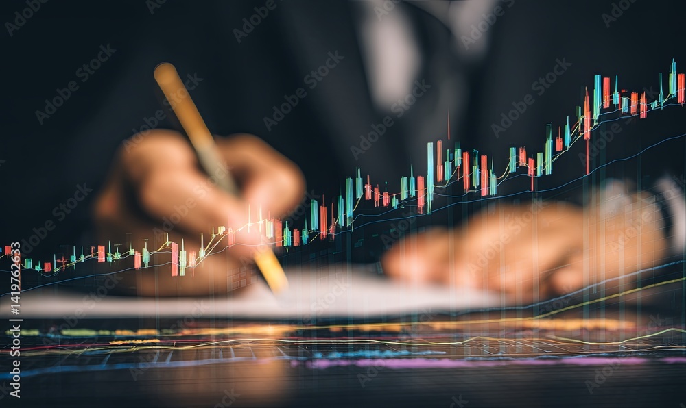 Aufkleber person analyzing financial data with a rising graph in the background
