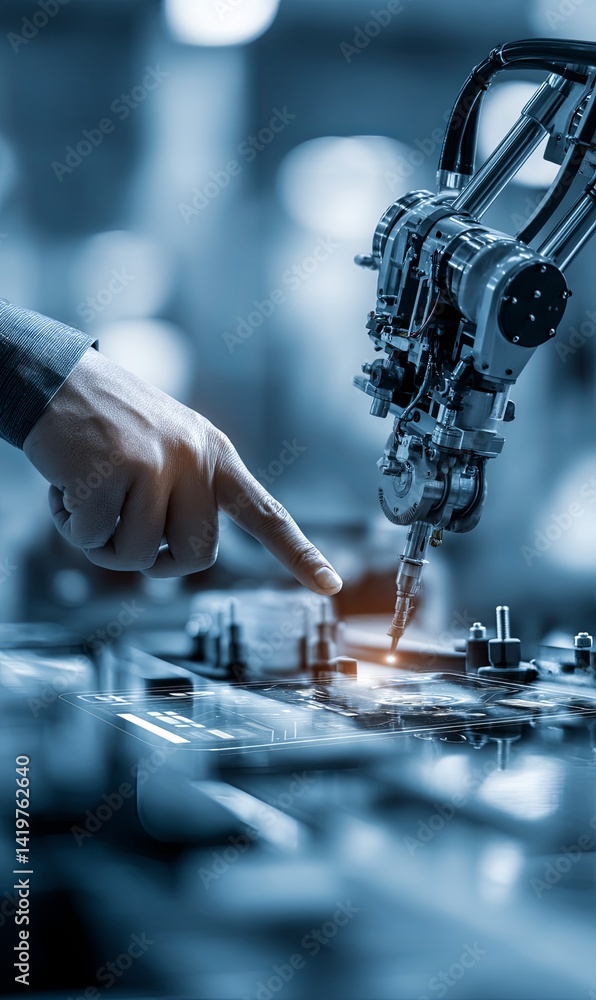 Poster robot arm performs precision task in industrial workspace