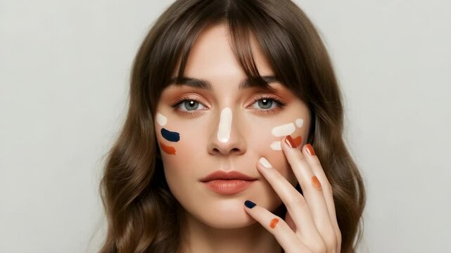 Young woman with artistic paint on her face, posing against a neutral background, showcasing creativity - aquiline nose