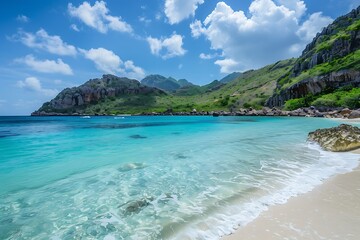 Fototapeta premium Turquoise Water Beach With Lush Green Hills And White Sand Under Blue Sky