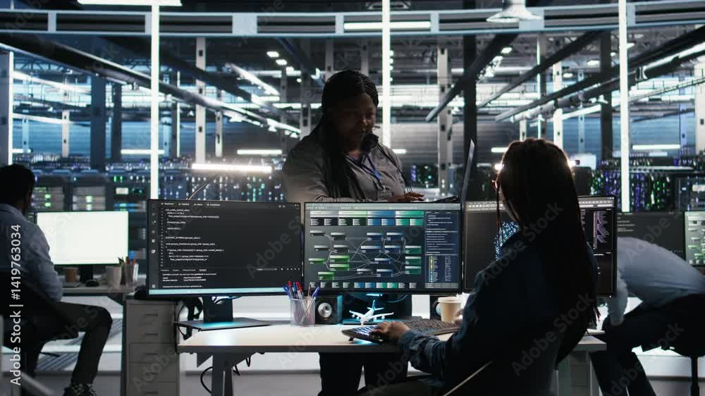 Poster data center manager supervising technician using node tree software to analyze datasets. server room