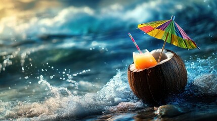 A chilled coconut drink with a bright cocktail umbrella and a straw, resting on a beachside rock with waves splashing behind, capturing the essence of a tropical paradise.