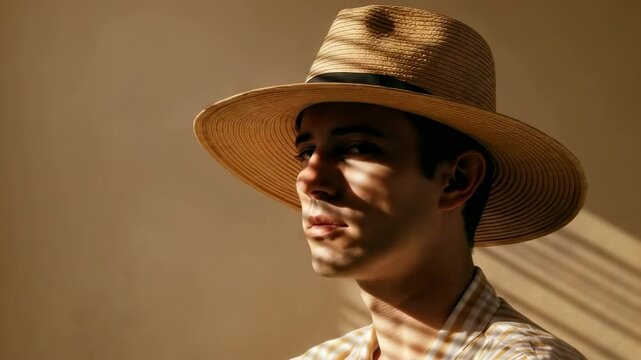 Young man in a straw hat, gently adjusting it while sunlight casts striped shadows on his face - aquiline nose