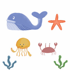 Cute Underwater Sea Life Illustration – Cartoon Whale, Jellyfish, Crab, Starfish, and Seaweed for Kids and Education