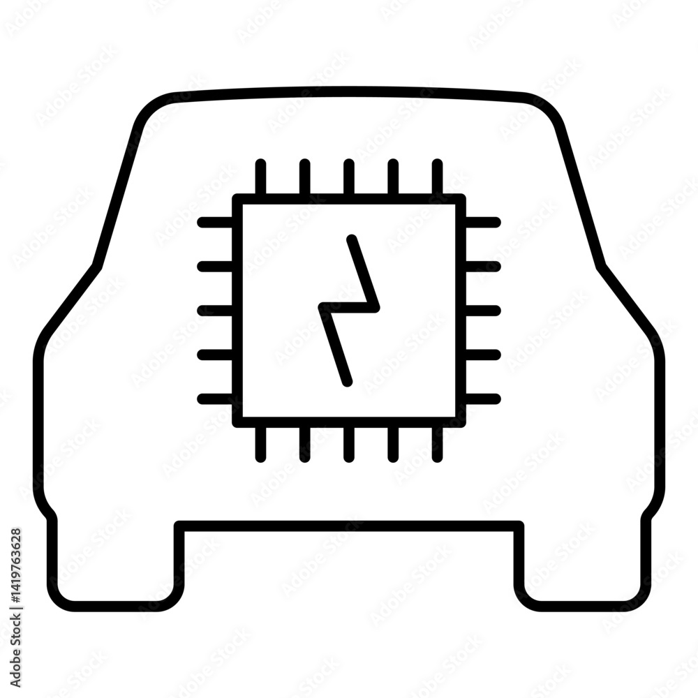 Poster processor inside electric car thin line icon, electronics industry concept. vector graphics. process