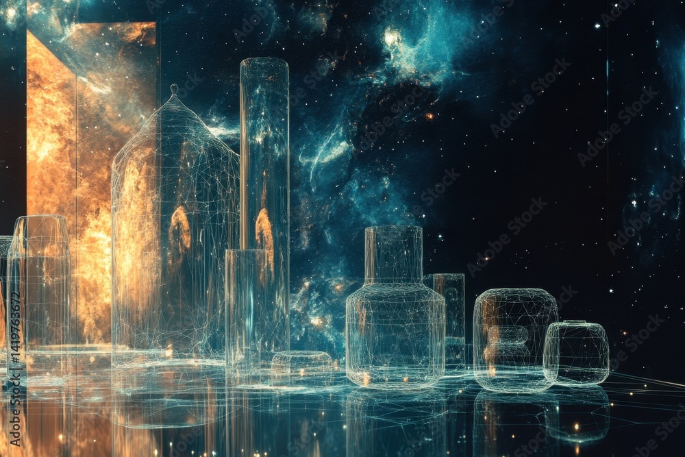Poster abstract cosmic cityscape with illuminated structures and starry background