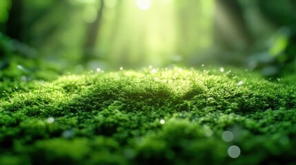 Naklejka premium Lush green moss carpet bathed in sunlight. Soft focus, highlighting the natural beauty of a forest floor
