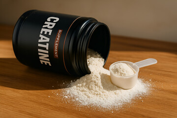 "Creatine Supplement Jar Tipped Over with Powder Spilled on Wooden Surface — Fitness and Nutrition Concept"