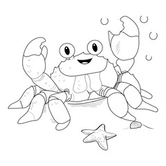 Crab and starfish beach coloring sheet cartoon, starfish waving, with seashells on sand. Coloring book for kids, coloring page for children, vector flat