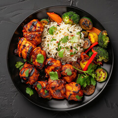  Tandoori Chicken with Rice and Vegetables on Black Plate - Editorial Food Photo