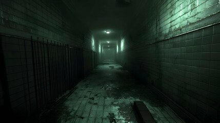 Long Abandoned Corridor With Dim Green Light
