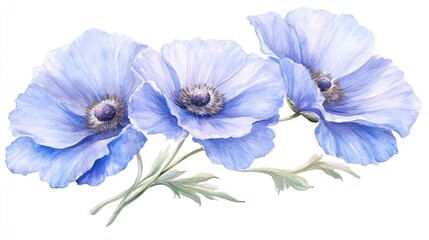A trio of blue poppy blossoms watercolor elegance