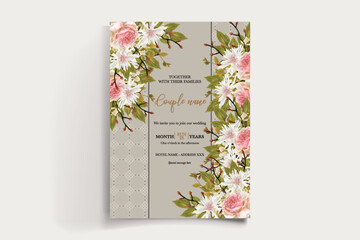 WEDDING INVITATION FRAME WITH FLOWER DECORATIONS AND FRESH LEAVES
