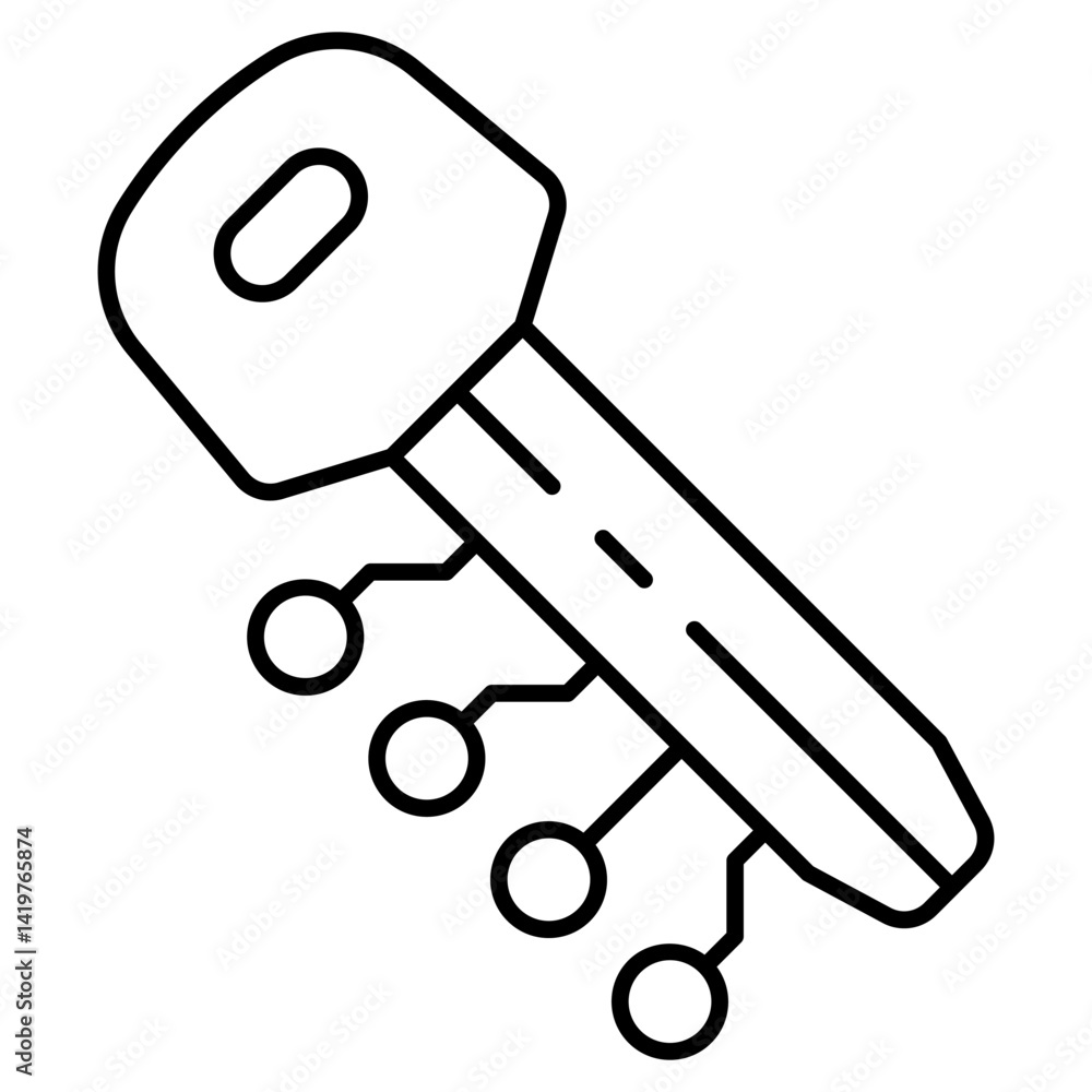 Poster electronic key with connections thin line icon, digital security concept. vector graphics. key sign 