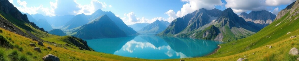 Obraz premium Majestic mountain range, turquoise lakes, alpine meadows, valley, wilderness, snow