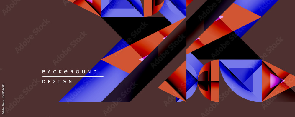 Poster Abstract geometric pattern. Vivid blue, orange hues contrast dark background. Modern design elements create dynamic visual effect.